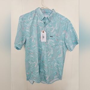 Vintage Summer Men's Aqua and Pink Leaf Print Shirt